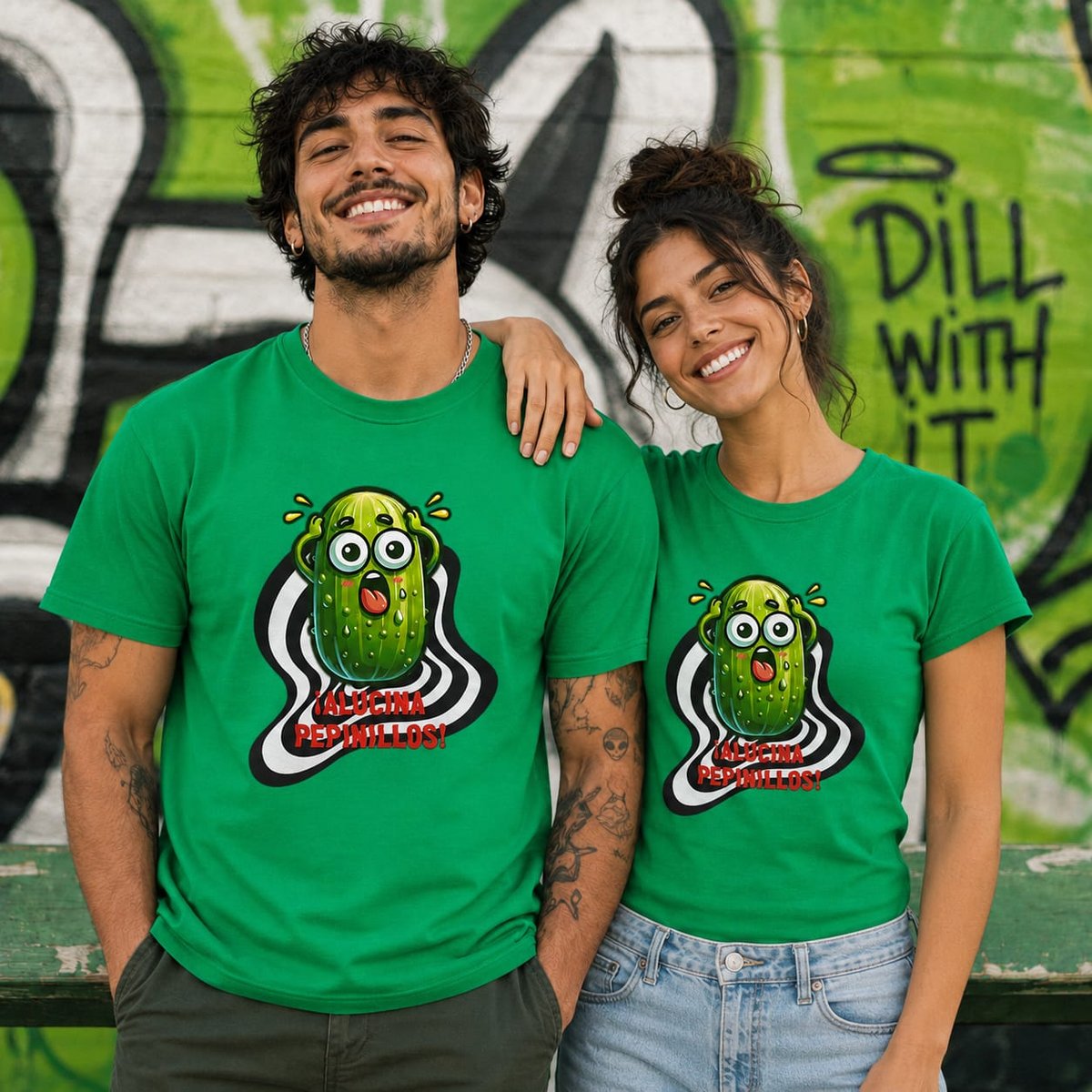 Pareja con camiseta verde Alucina Pepinillos, regalo divertido de humor
