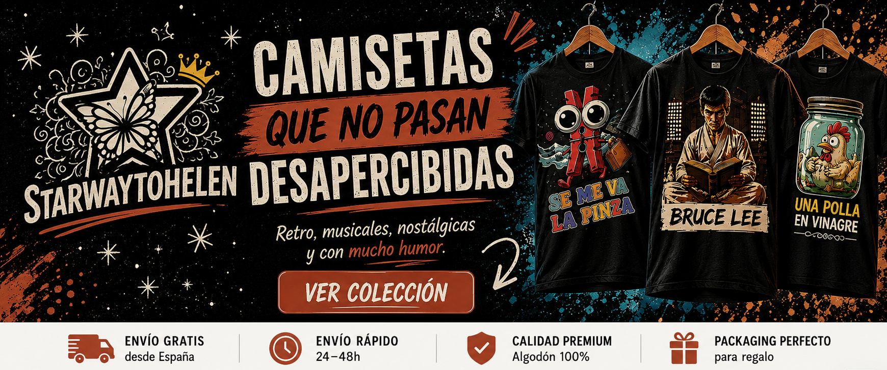 Banner de camisetas originales y divertidas de StarwaytoHelen con diseños retro, humorísticos y estilo rock