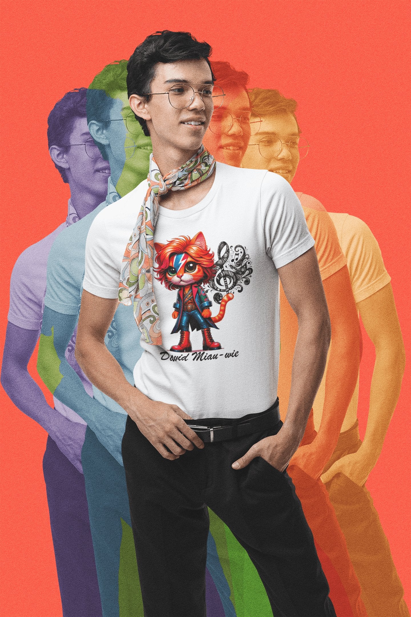 Hombre con camiseta David Miau-wie, parodia de David Bowie - Starway to Helen