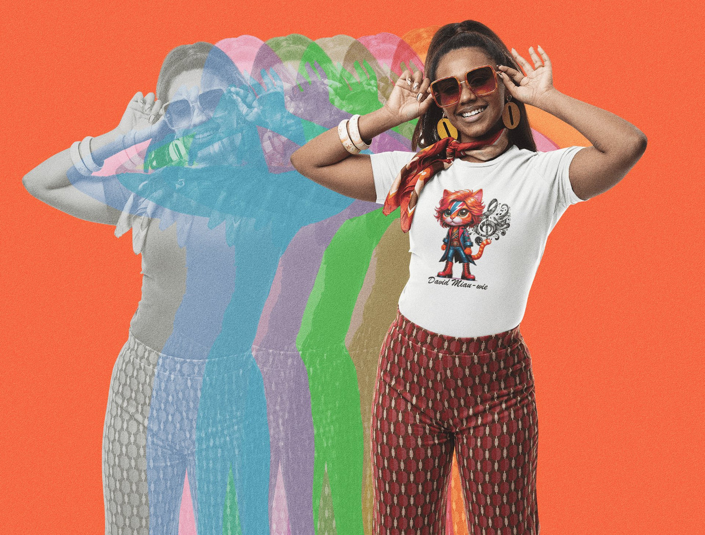 Mujer con camiseta David Miau-wie, parodia de David Bowie - Starway to Helen