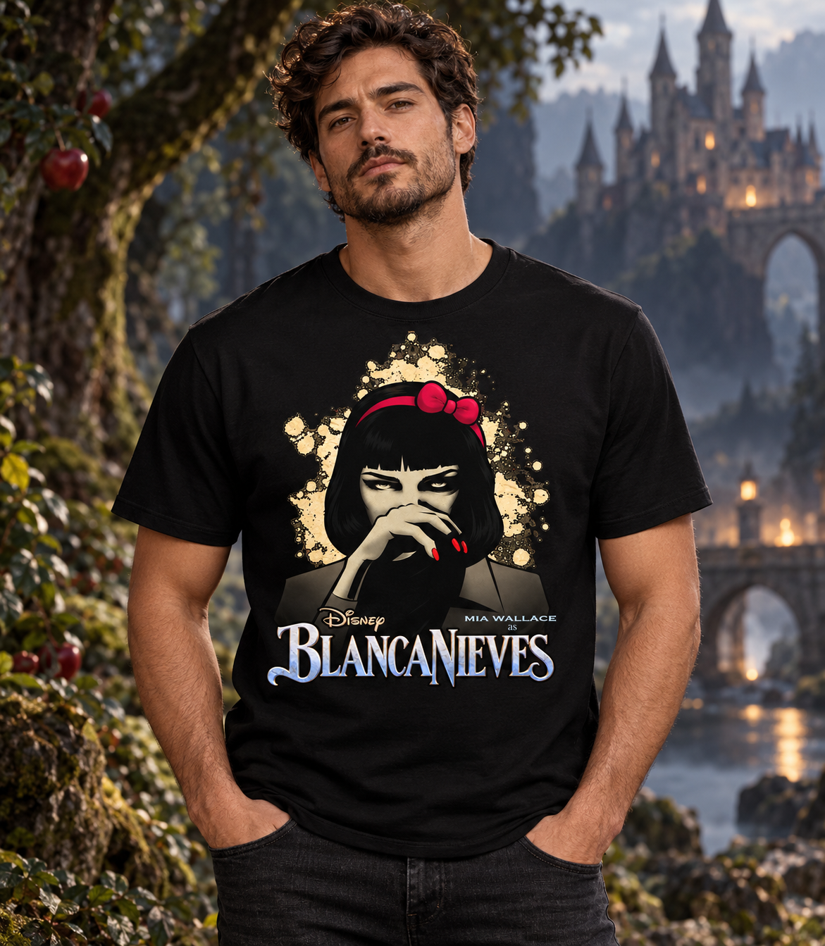 Camiseta negra Blancanieves Mia Wallace para hombre en bosque encantado con castillo, parodia de Pulp Fiction y Disney - Starway to Helen