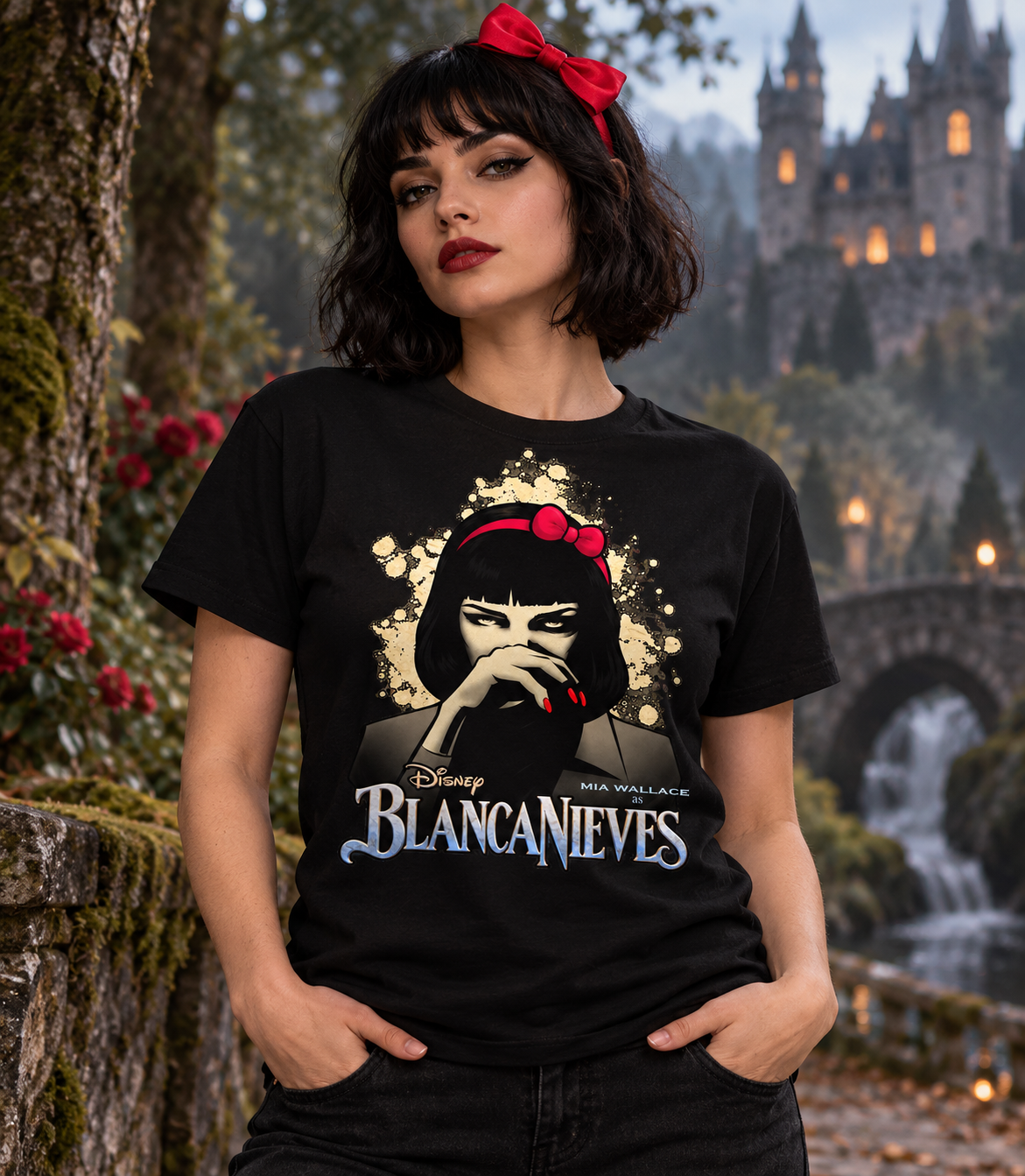 Camiseta negra Blancanieves Mia Wallace para mujer con lazo rojo ante un castillo de cuento, parodia de Pulp Fiction - Starway to Helen
