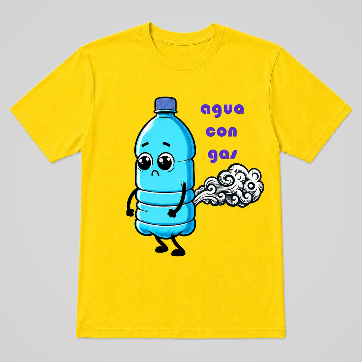 Camiseta amarilla Agua con Gas, botella de agua con gas con humor gráfico – Starway to Helen