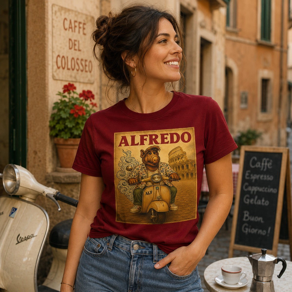 Chica con camiseta granate Alfredo (ALF) - Starway to Helen
