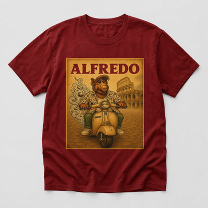 Camiseta granate Alfredo, parodia de ALF en Vespa por Roma - Starway to Helen
