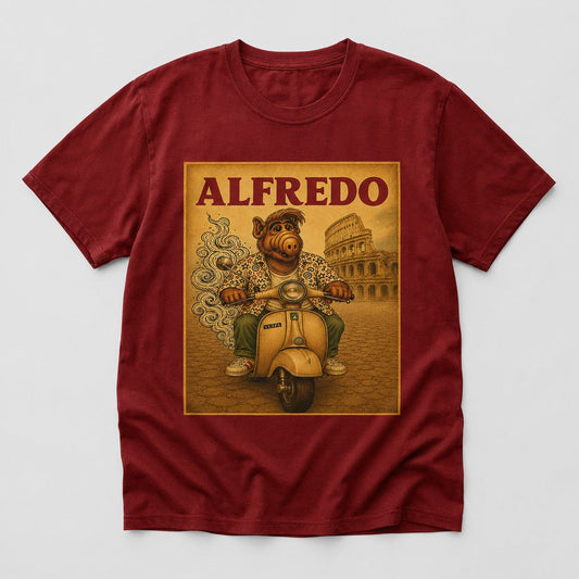 Camiseta granate Alfredo, parodia de ALF en Vespa por Roma - Starway to Helen