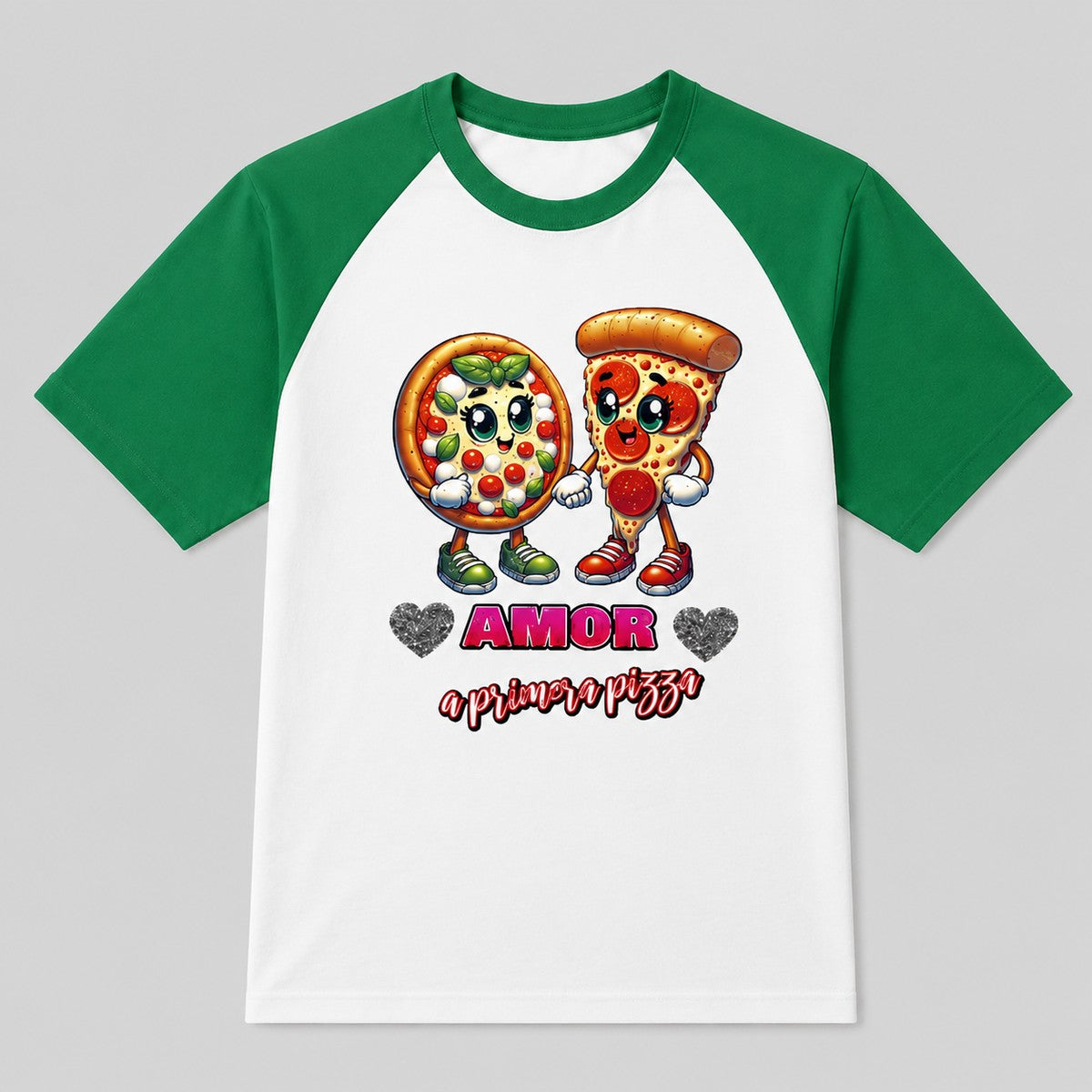 Camiseta Amor a Primera Pizza blanca con mangas verdes, dos pizzas enamoradas - Starway to Helen