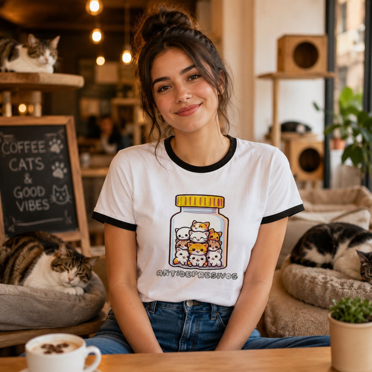 Mujer con camiseta blanca Antidepresivos, gatitos en bote, humor gatuno