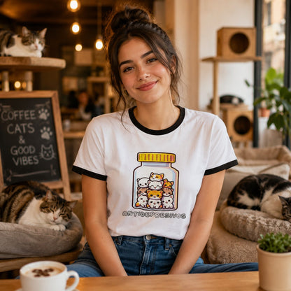 Mujer con camiseta blanca Antidepresivos, gatitos en bote, humor gatuno