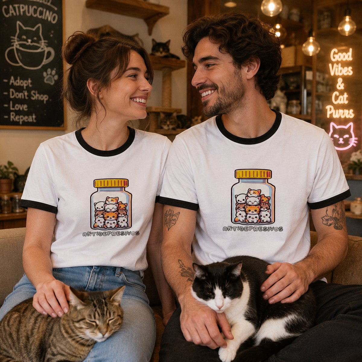 Pareja con camiseta blanca Antidepresivos, gatitos en bote, humor gatuno