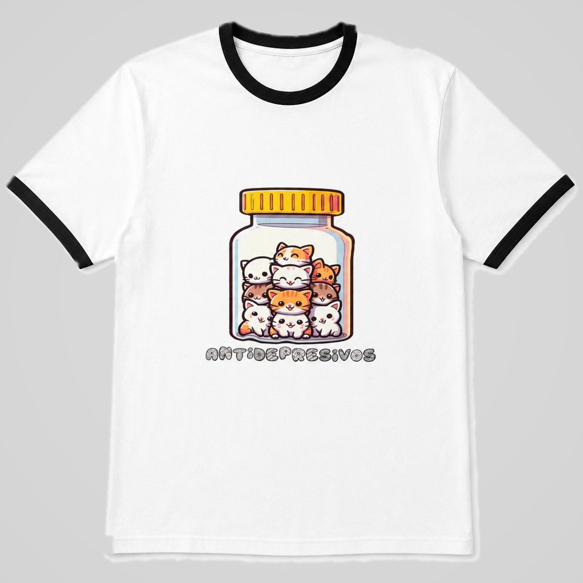 Camiseta blanca Antidepresivos, gatitos chibi en bote de pastillas, humor gatuno – Starway to Helen