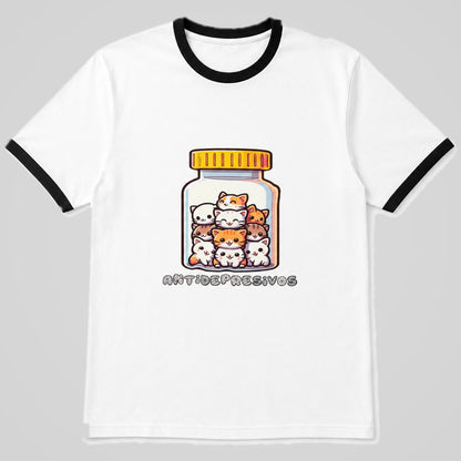 Camiseta blanca Antidepresivos, gatitos chibi en bote de pastillas, humor gatuno – Starway to Helen
