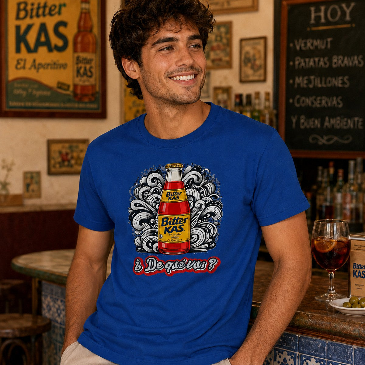 Hombre con camiseta Bitter Kas, parodia del refresco Kas - Starway to Helen
