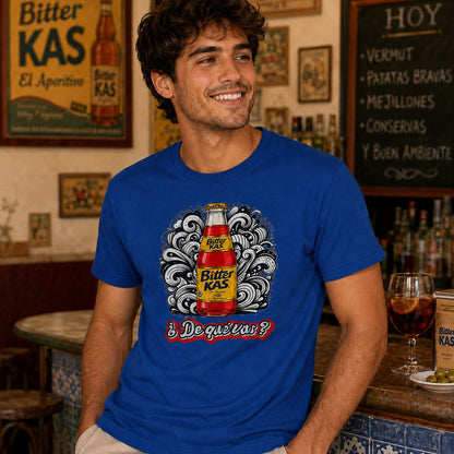 Hombre con camiseta Bitter Kas, parodia del refresco Kas - Starway to Helen