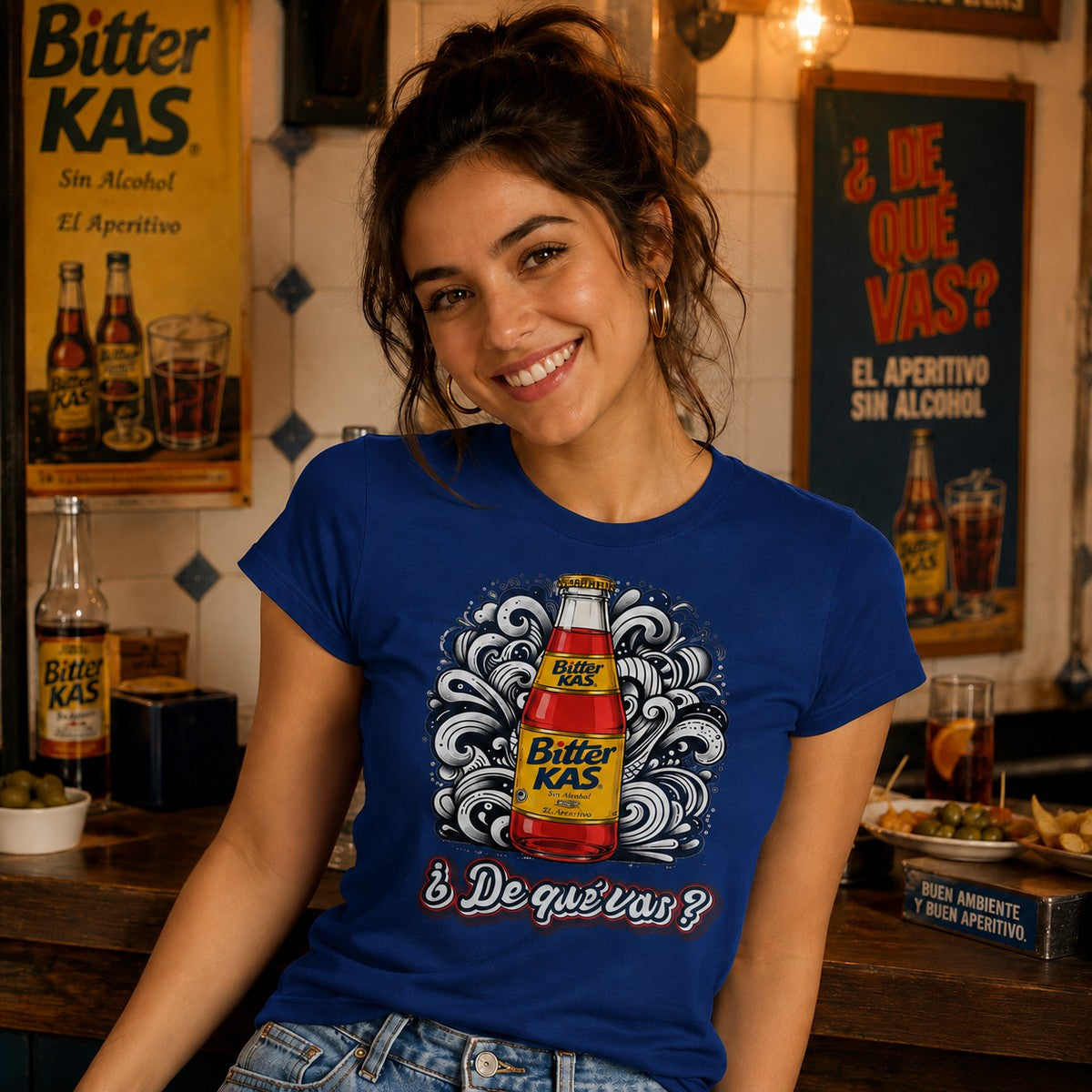 Mujer con camiseta Bitter Kas, parodia del refresco Kas - Starway to Helen