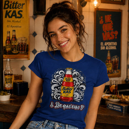 Mujer con camiseta Bitter Kas, parodia del refresco Kas - Starway to Helen