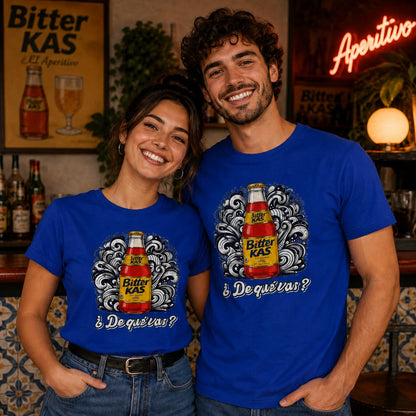 Pareja con camiseta Bitter Kas, parodia del refresco Kas - Starway to Helen