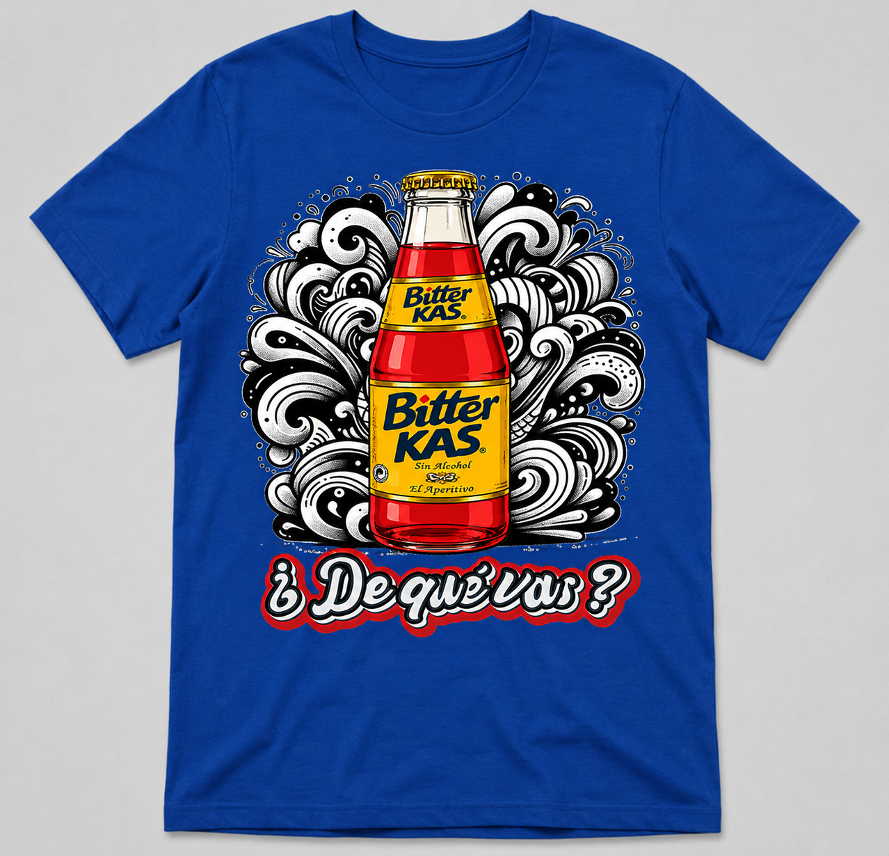Camiseta azul divertida “¿De qué vas?” con botella estilo Bitter Kas y diseño retro nostálgico