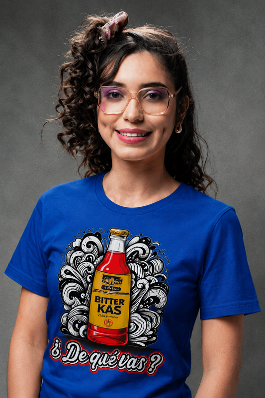 Camiseta azul “¿De qué vas?” con diseño inspirado en Bitter Kas en modelo mujer joven sonriente