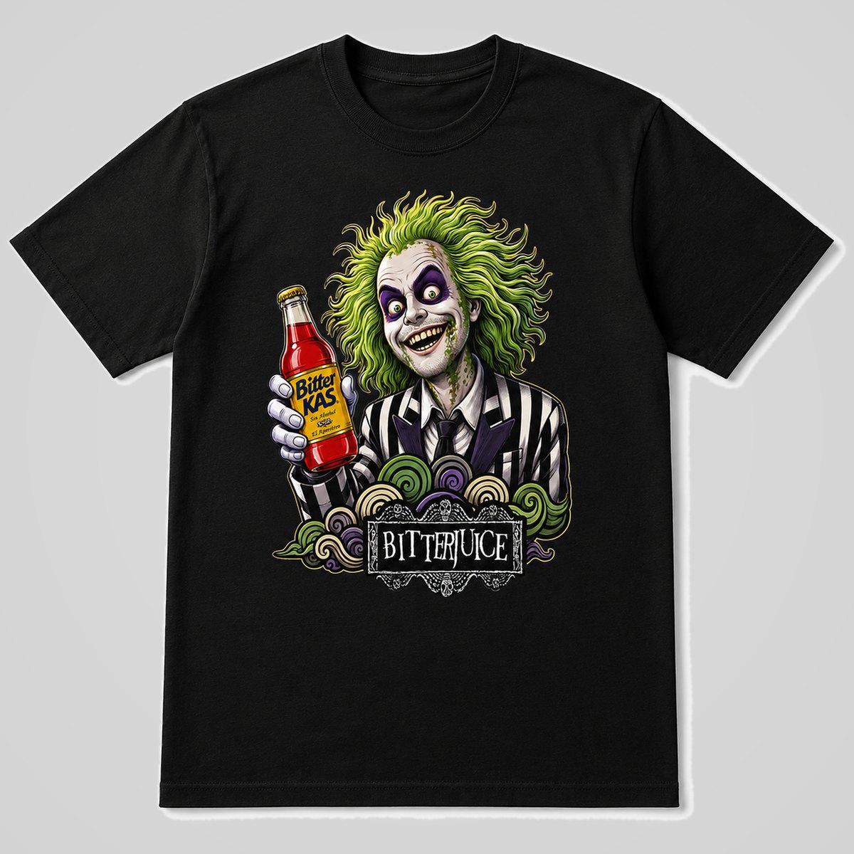 Camiseta negra Bitterjuice, parodia de Beetlejuice con Bitter, humor retro – Starway to Helen