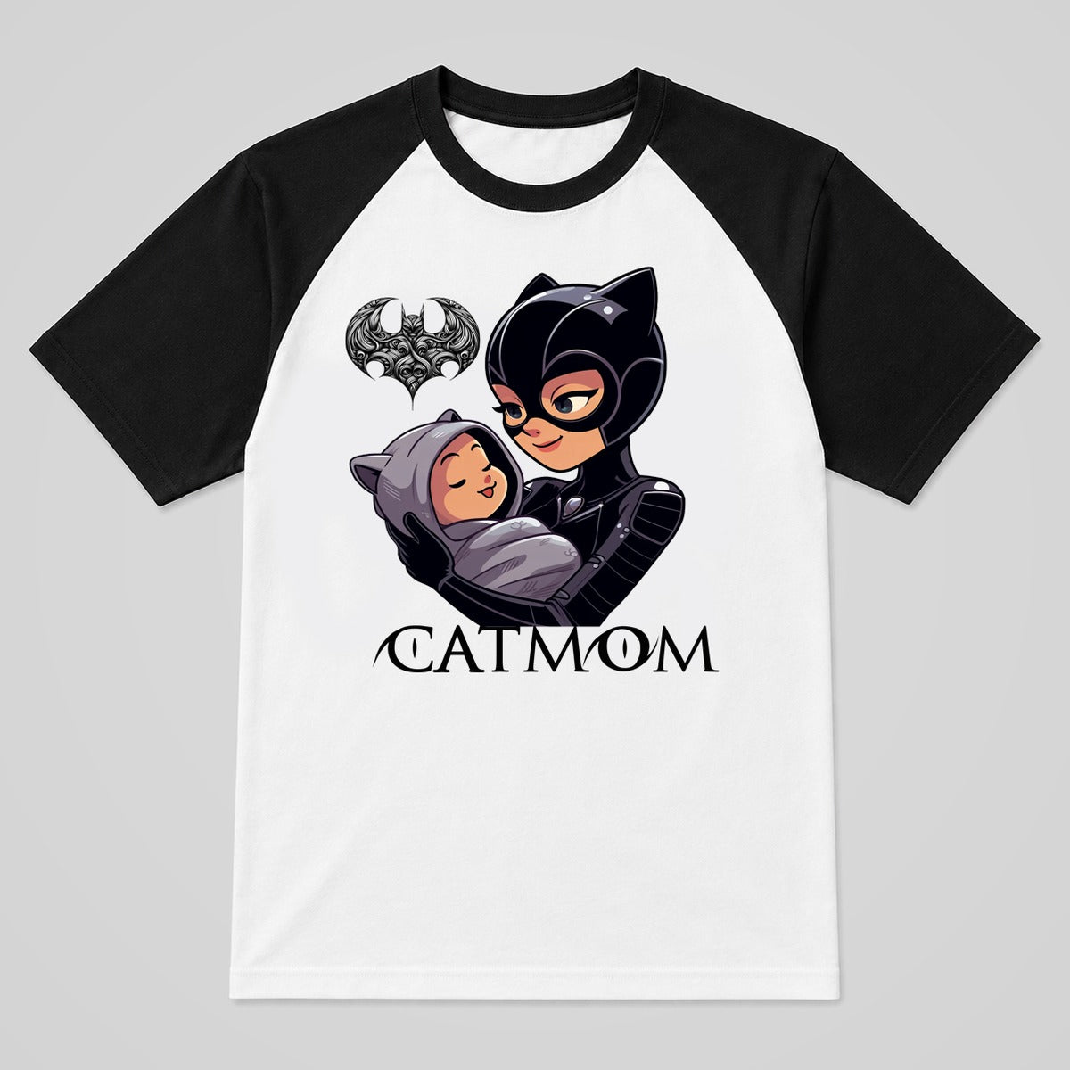 Camiseta raglán blanca de mangas negras CatMom, Catwoman con bebé para mamás felinas – Starway to Helen