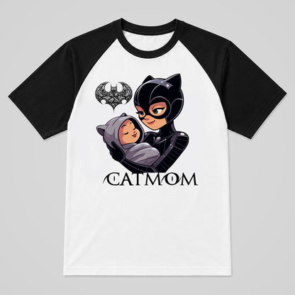 Camiseta raglán blanca de mangas negras CatMom, Catwoman con bebé para mamás felinas – Starway to Helen