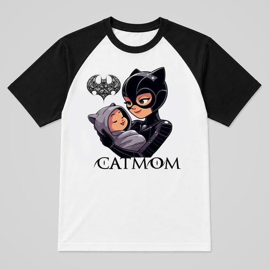 Camiseta raglán blanca de mangas negras CatMom, Catwoman con bebé para mamás felinas – Starway to Helen