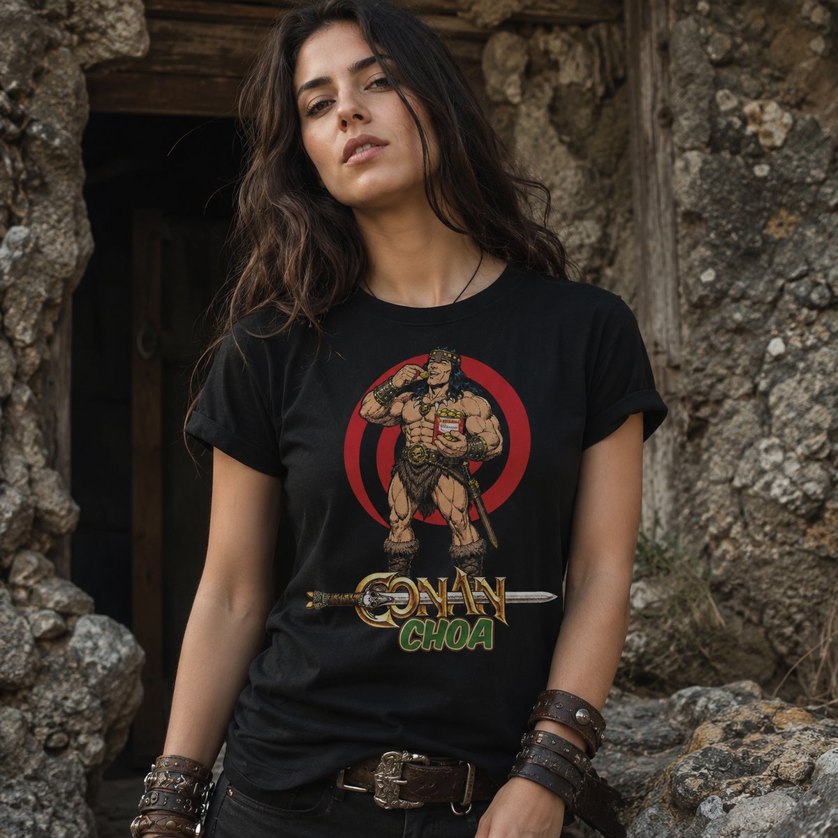 Mujer con camiseta Conan Choa, parodia de Conan el Bárbaro - Starway to Helen