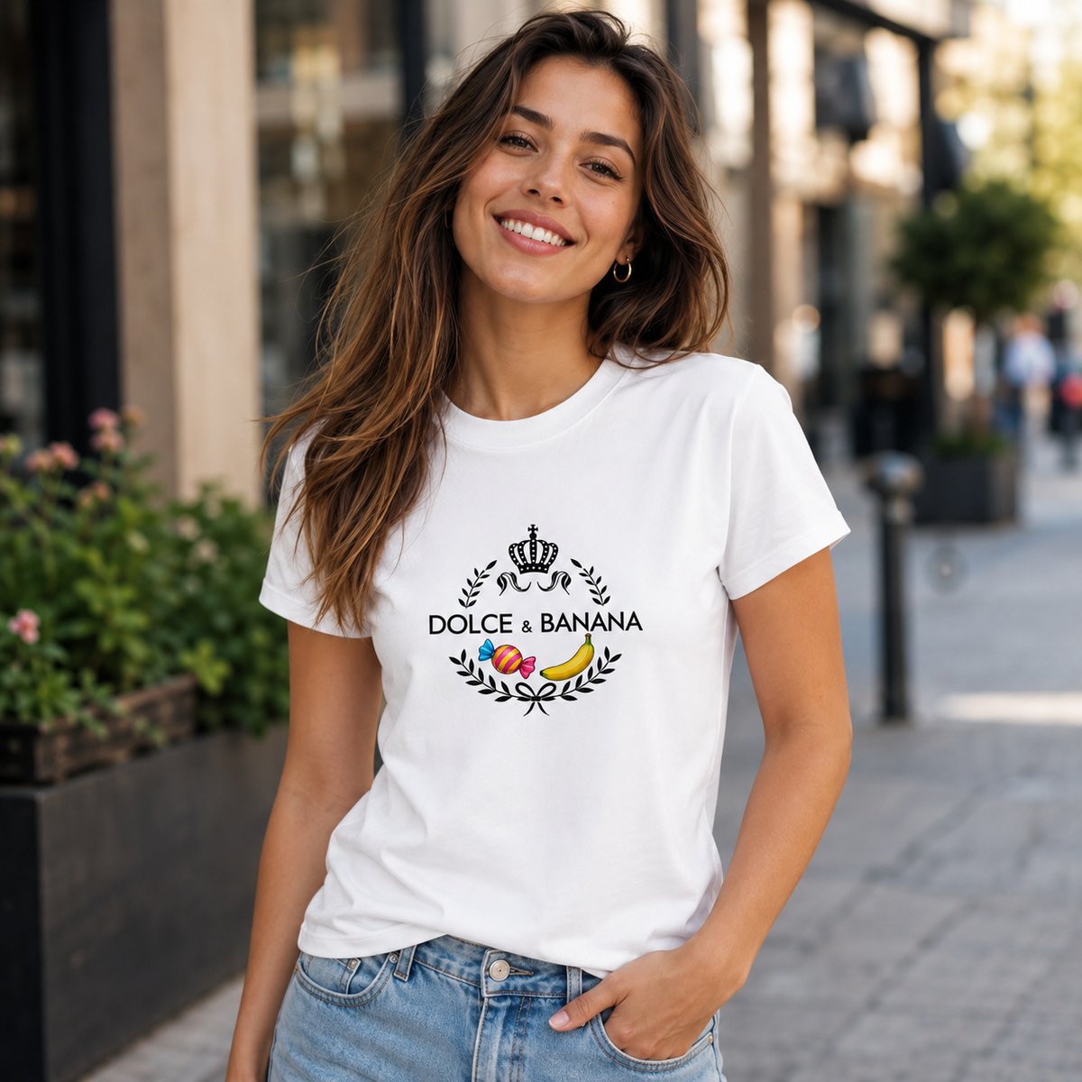 Mujer con camiseta Dolce & Banana, parodia de Dolce & Gabbana - Starway to Helen