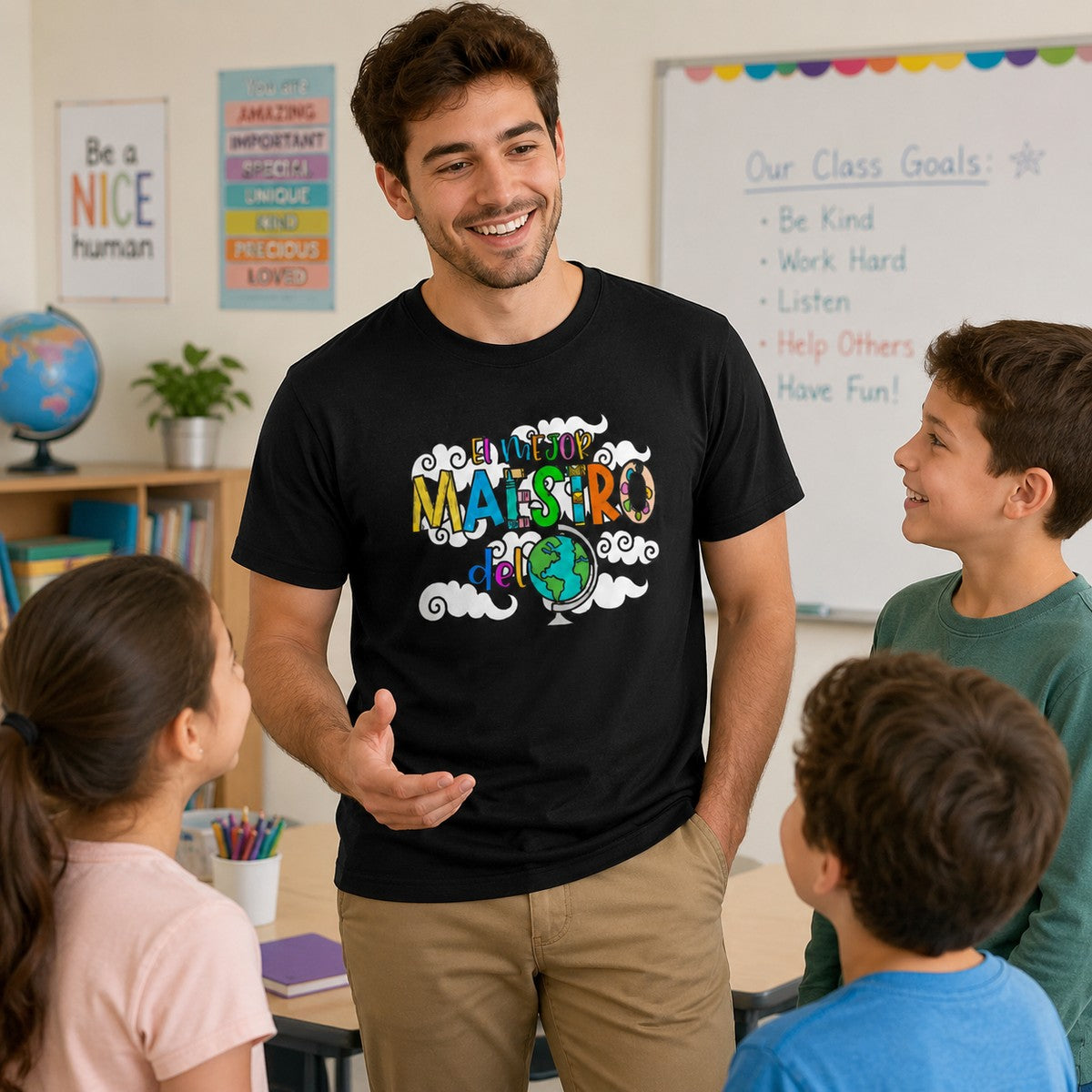 Maestro con alumnos con camiseta El Mejor Maestro del Mundo negra, regalo Día del Maestro - Starway to Helen