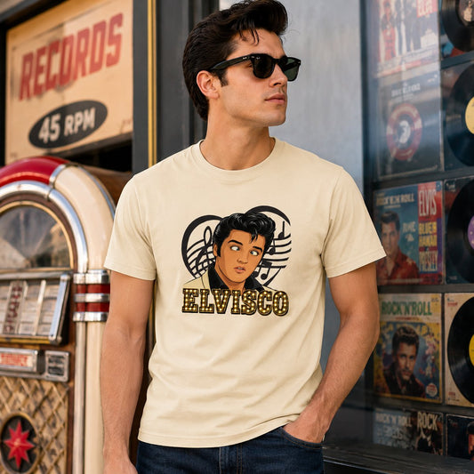 Hombre con camiseta Elvisco, parodia de Elvis Presley - Starway to Helen