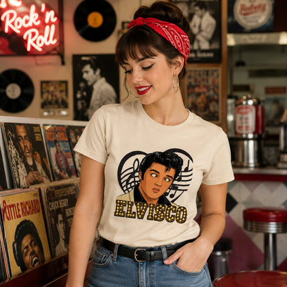 Mujer con camiseta Elvisco, parodia de Elvis Presley - Starway to Helen