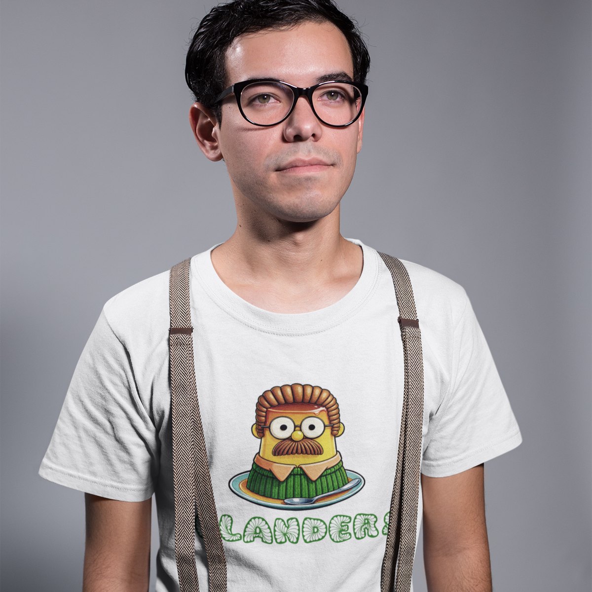 Hombre con camiseta blanca Flanders, parodia Simpsons taco