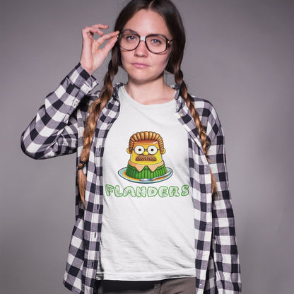 Mujer con camiseta blanca Flanders, parodia Simpsons taco