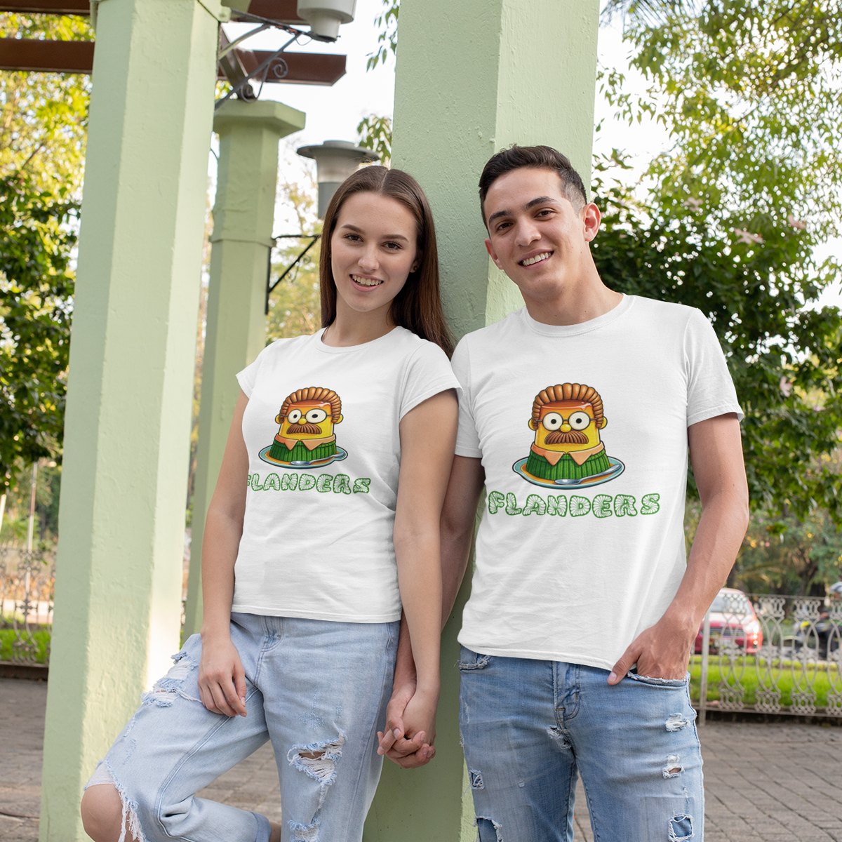 Pareja con camiseta blanca Flanders, parodia Simpsons taco