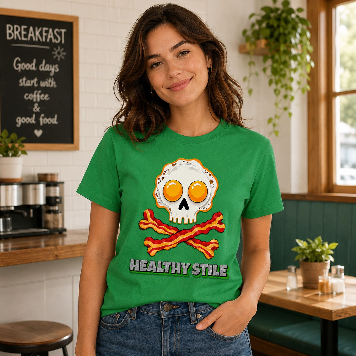Chica con camiseta Healthy Stile verde, calavera de huevos y bacon - Starway to Helen