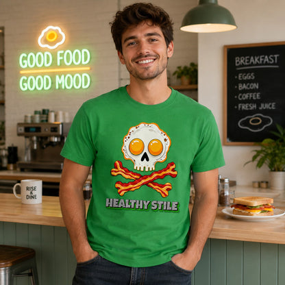 Hombre con camiseta Healthy Stile verde, diseño calavera desayuno - Starway to Helen