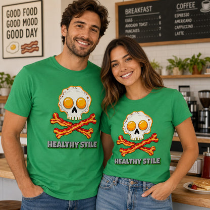 Pareja con camiseta Healthy Stile verde, humor desayuno saludable - Starway to Helen