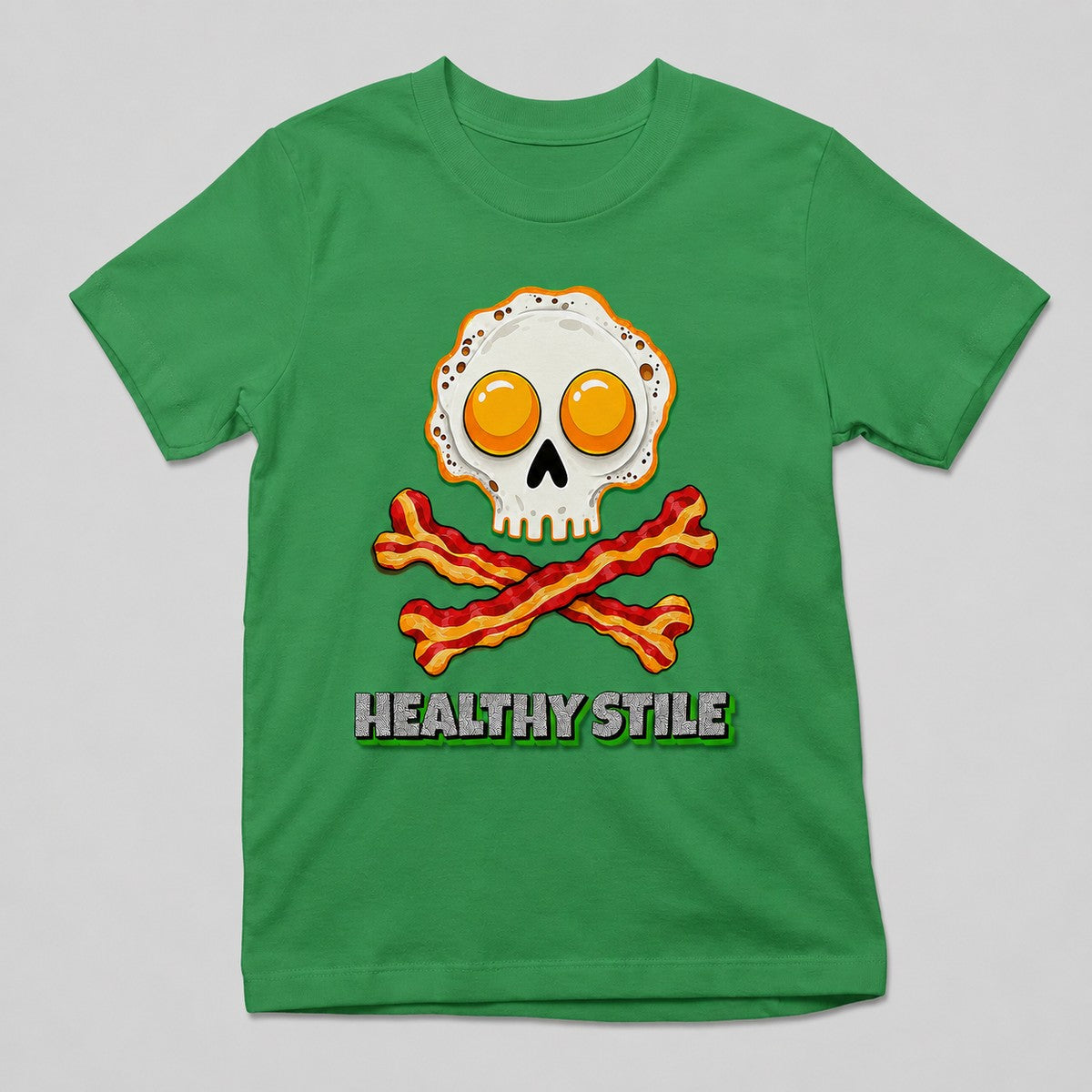 Camiseta Healthy Stile verde, calavera de huevos y bacon, humor desayuno - Starway to Helen