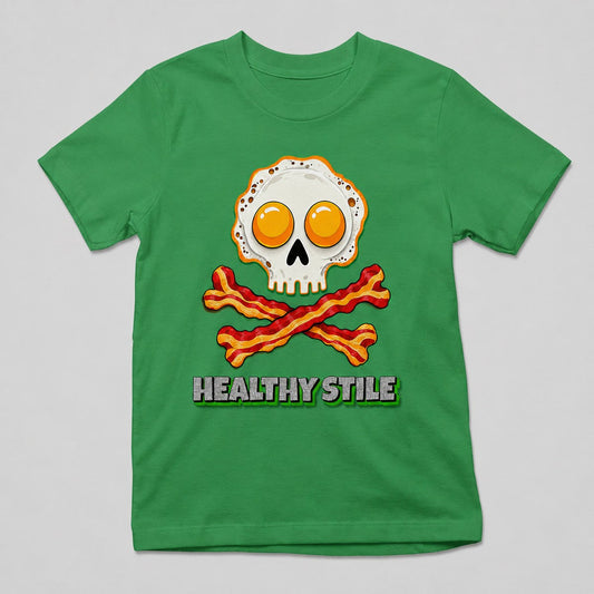 Camiseta Healthy Stile verde, calavera de huevos y bacon, humor desayuno - Starway to Helen