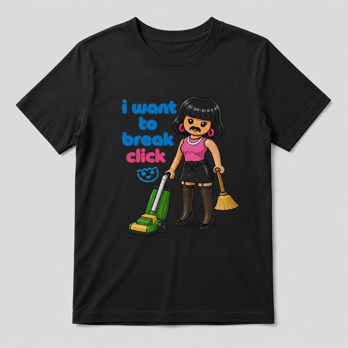 Camiseta I Want to Break Click negra, parodia de Queen I Want to Break Free en versión Playmobil - Starway to Helen
