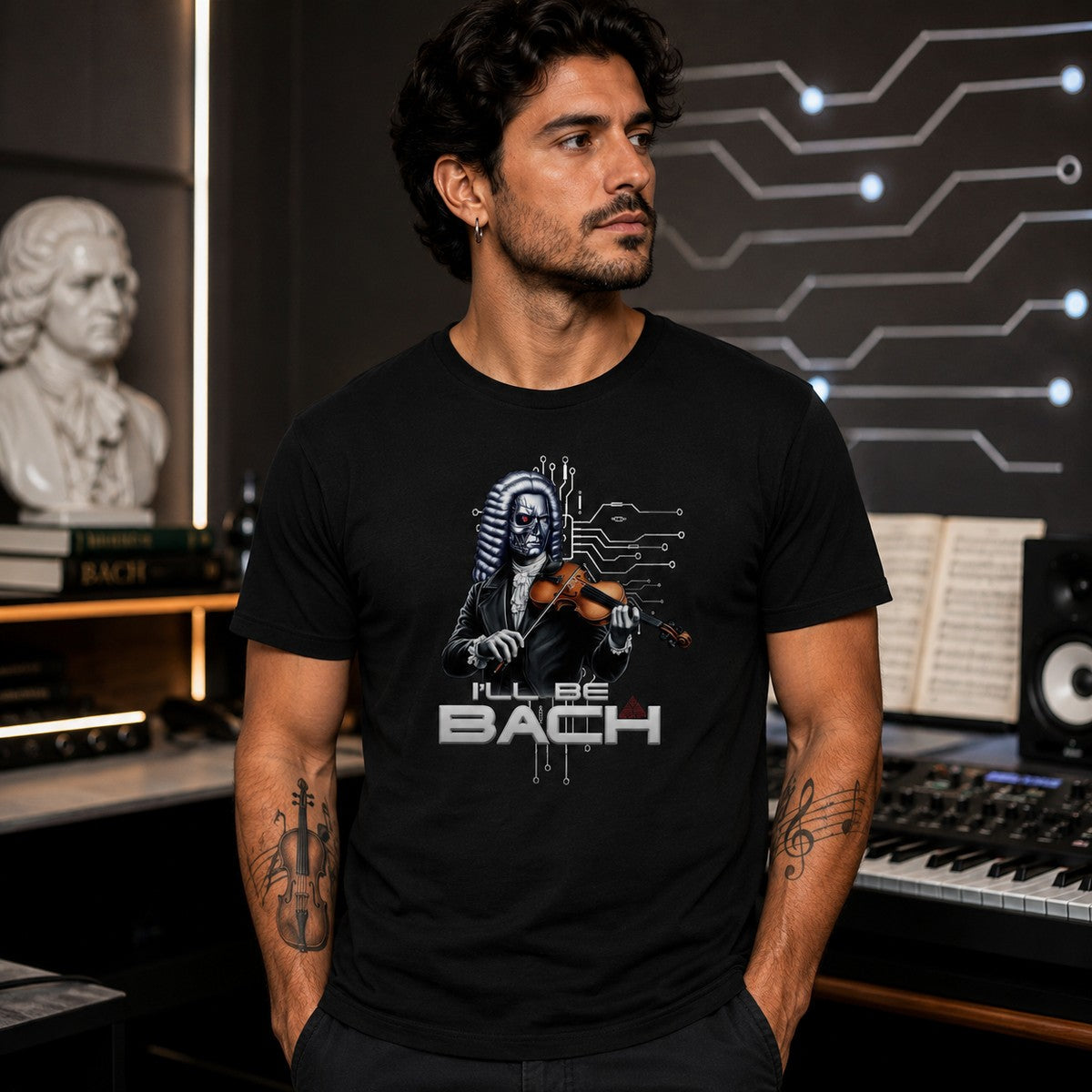 Hombre con camiseta I'll Be Bach, Terminator y Bach - Starway to Helen