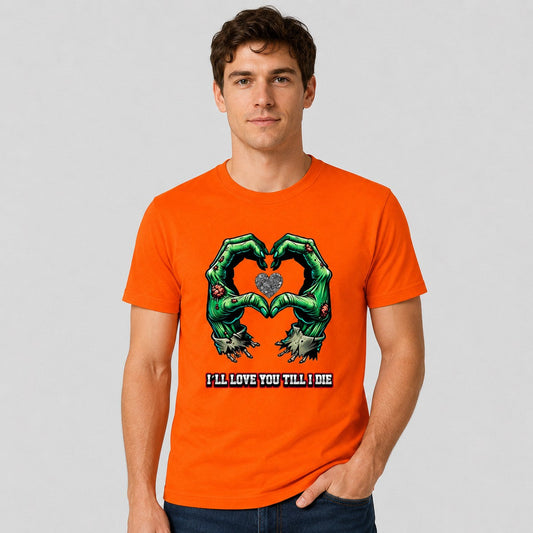 Hombre con camiseta naranja I'll Love You Till I Die – Starway to Helen