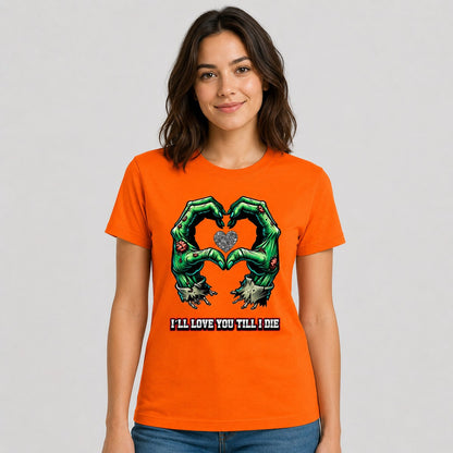 Mujer con camiseta naranja I'll Love You Till I Die – Starway to Helen