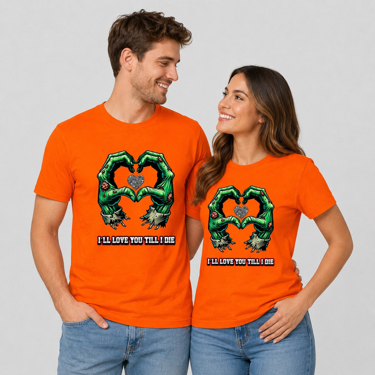 Pareja con camiseta naranja I'll Love You Till I Die – Starway to Helen