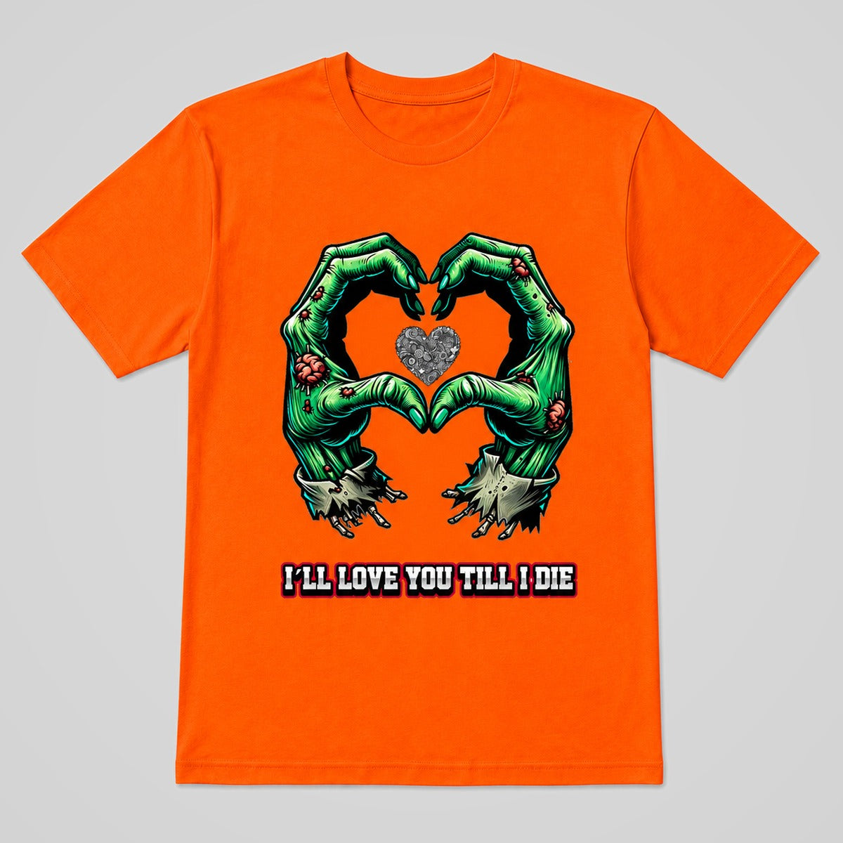 Camiseta naranja I'll Love You Till I Die, manos zombie formando corazón – Starway to Helen