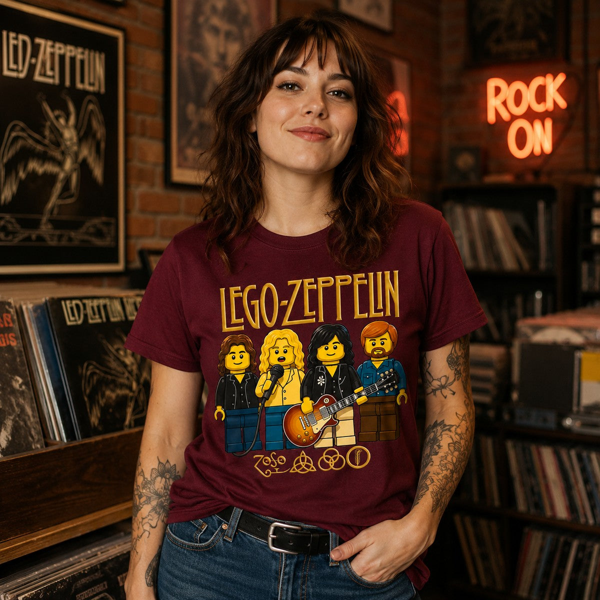 Chica con camiseta Lego Zeppelin granate, parodia Led Zeppelin LEGO - Starway to Helen