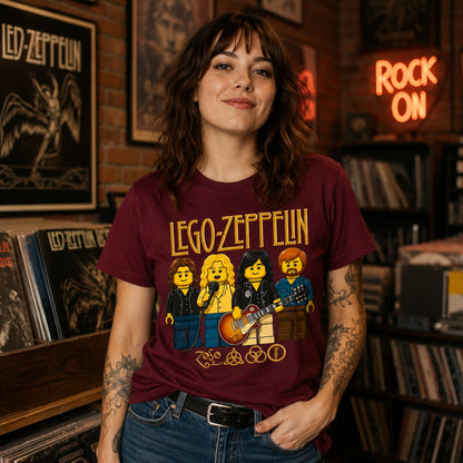 Chica con camiseta Lego Zeppelin granate, parodia Led Zeppelin LEGO - Starway to Helen