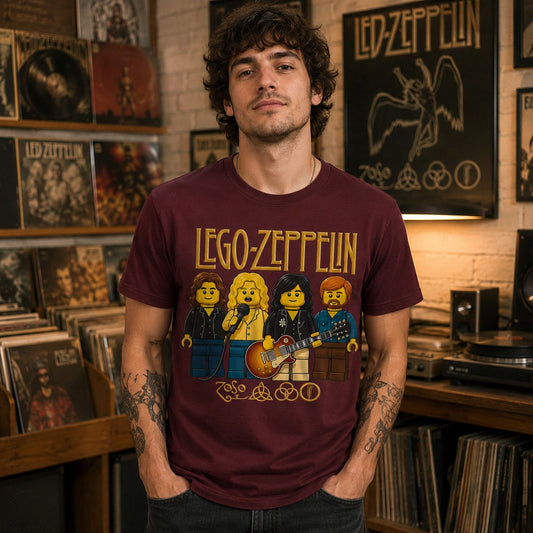 Hombre con camiseta Lego Zeppelin granate, homenaje a Led Zeppelin - Starway to Helen