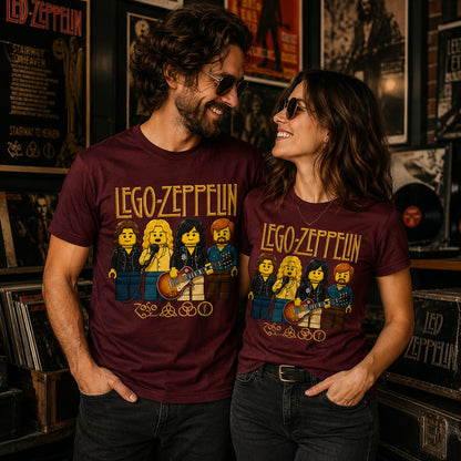 Pareja con camiseta Lego Zeppelin granate, regalo fans de Led Zeppelin - Starway to Helen